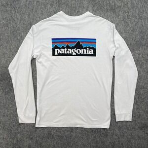 Patagonia Shirt Mens Small White Responsibili-Tee Logo Long Sleeve Graphic